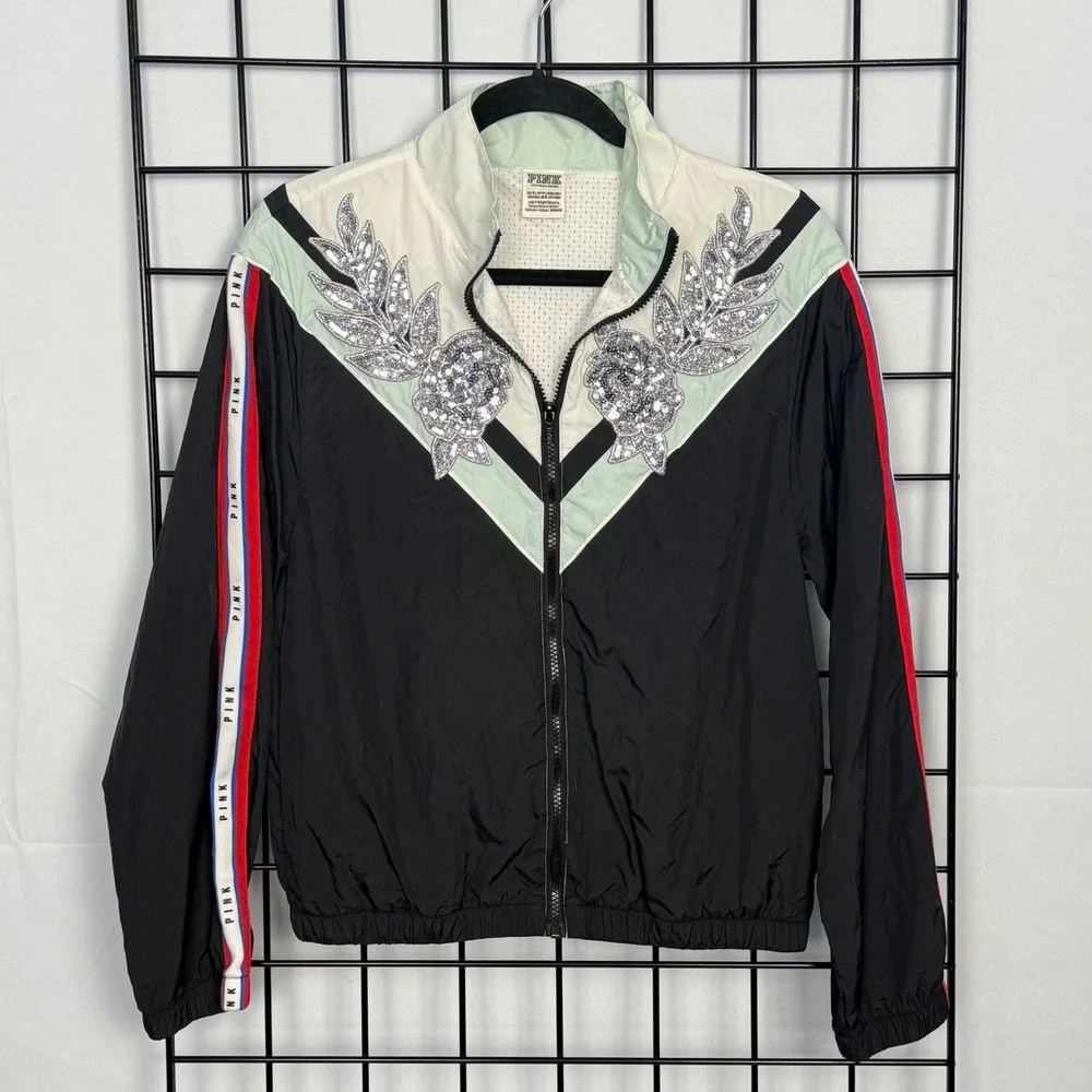 Victorias Secret PINK Bling Sequin Appliqué Jacket Womens XS/S Green Windbreaker